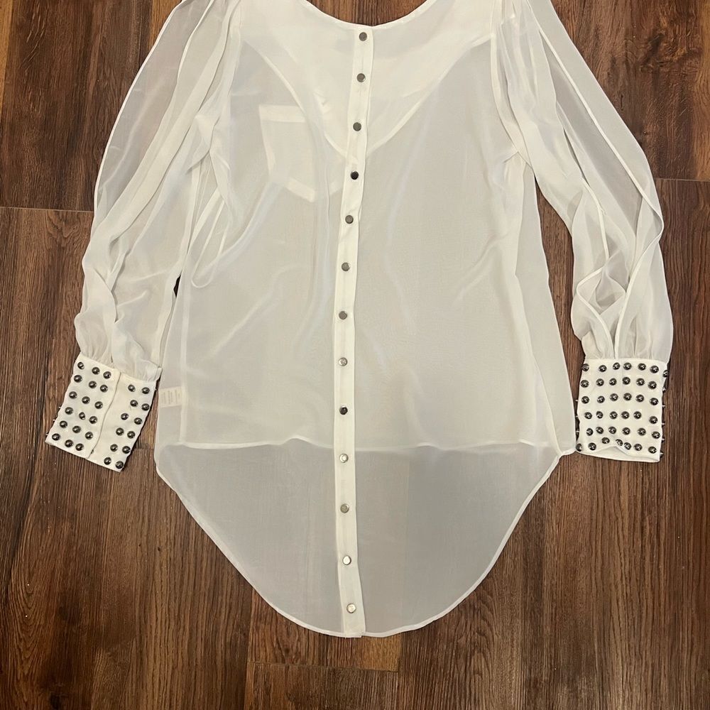 Double Zero White Long Sleeve Blouse With Gem Sleeves — image 7 of 8